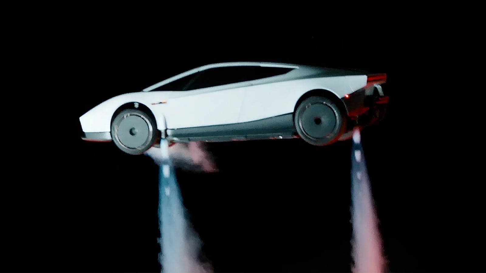 Novo Tesla Roadster branco em voo, impulsionado por jatos de ar comprimido